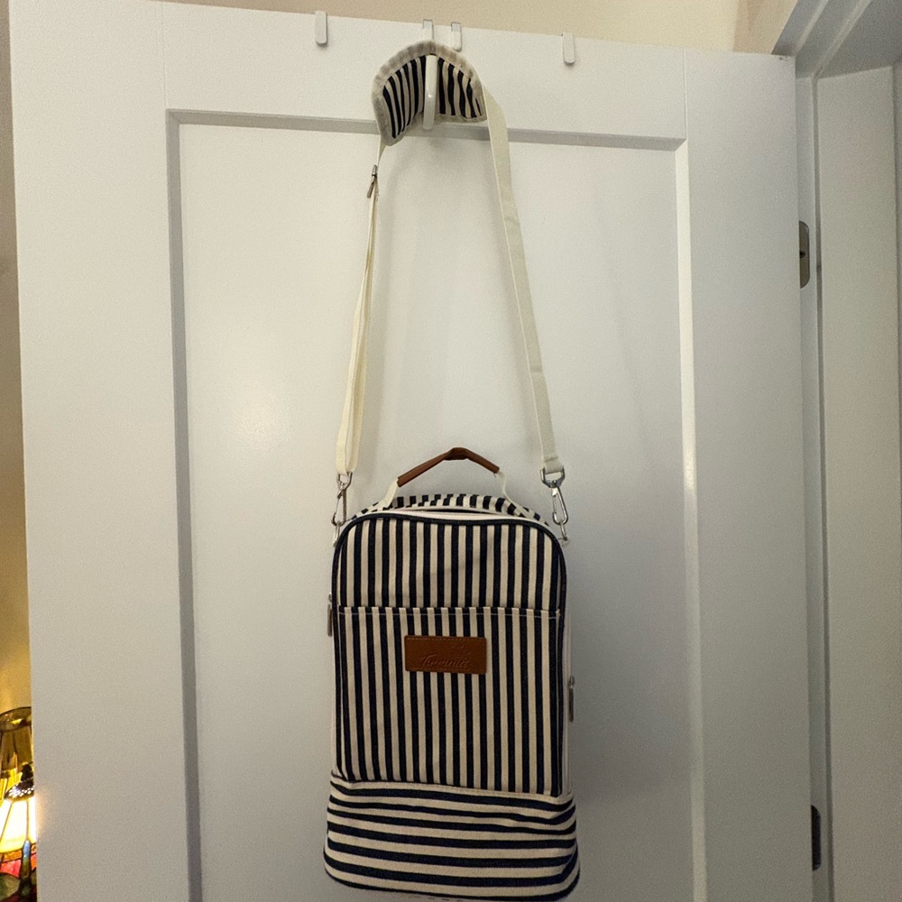 Adorable white and navy striped wine cooler bag